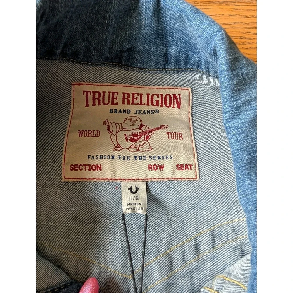 True Religion Men's Blue Stretch Denim Trucker Jacket  Pockets Sz Lrg NWT $159